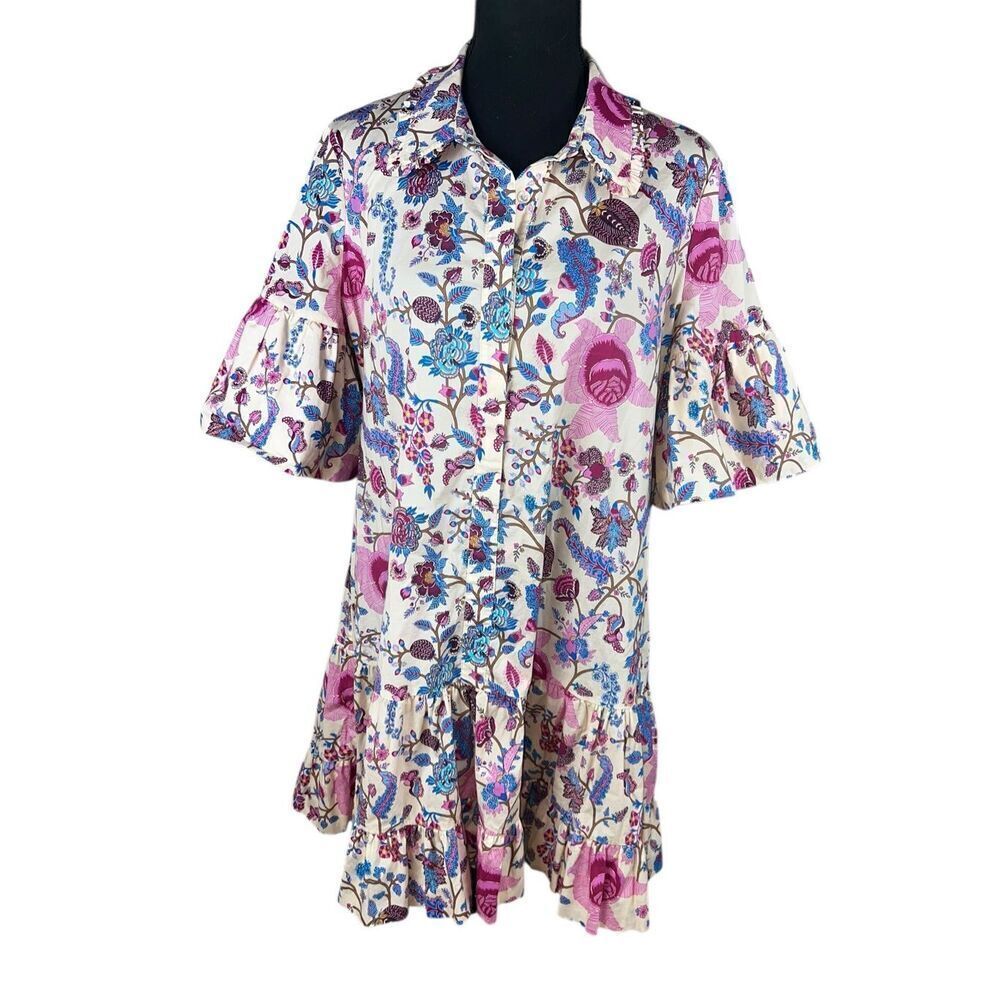 AMUR Kenna 12 Tiered Ruffle drop waist Mini Dress botanical Floral puff sleeve